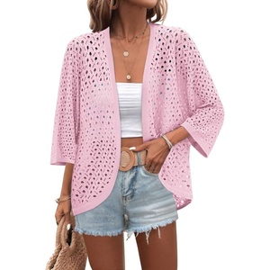 Zeagoo Womens Summer Crochet Cardigan Sweaters 3/4 Sleeve Batwing Kimono(Pink)