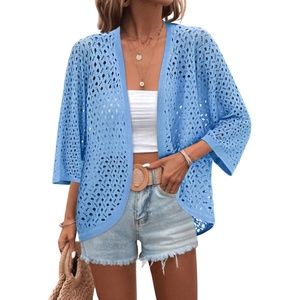 Zeagoo Womens Summer Crochet Cardigan Sweaters 3/4 Sleeve Batwing Kimono(Teal)