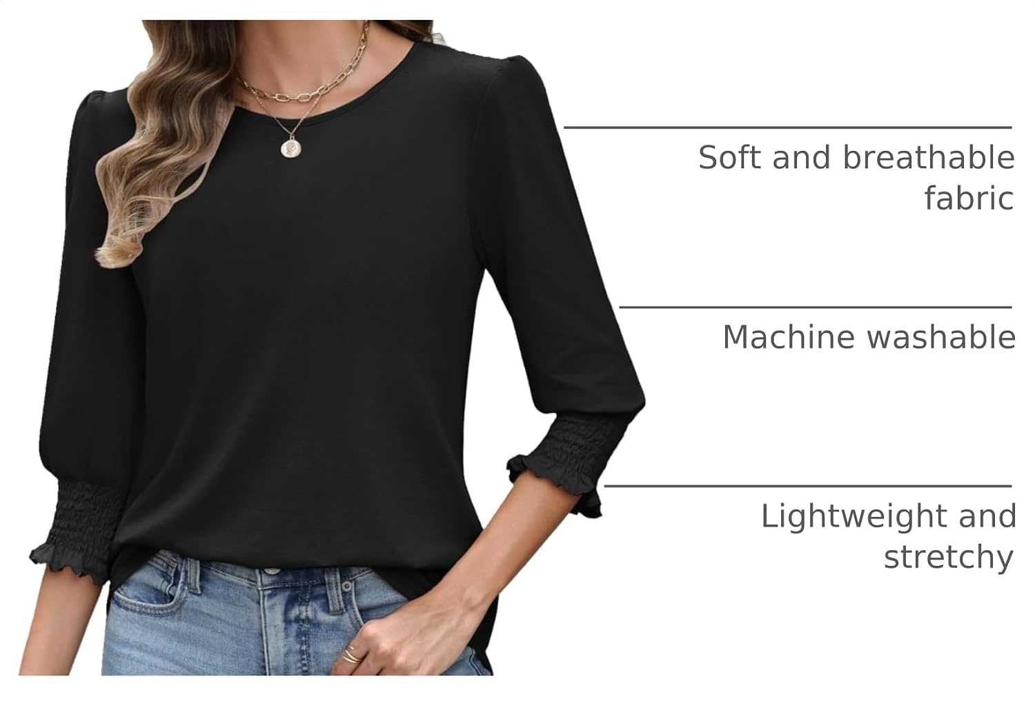 image:imageZeagoo 34 Length Sleeve Blouse Pleated Tops Tunics for Women Dressy Shirt Business CasualBlack