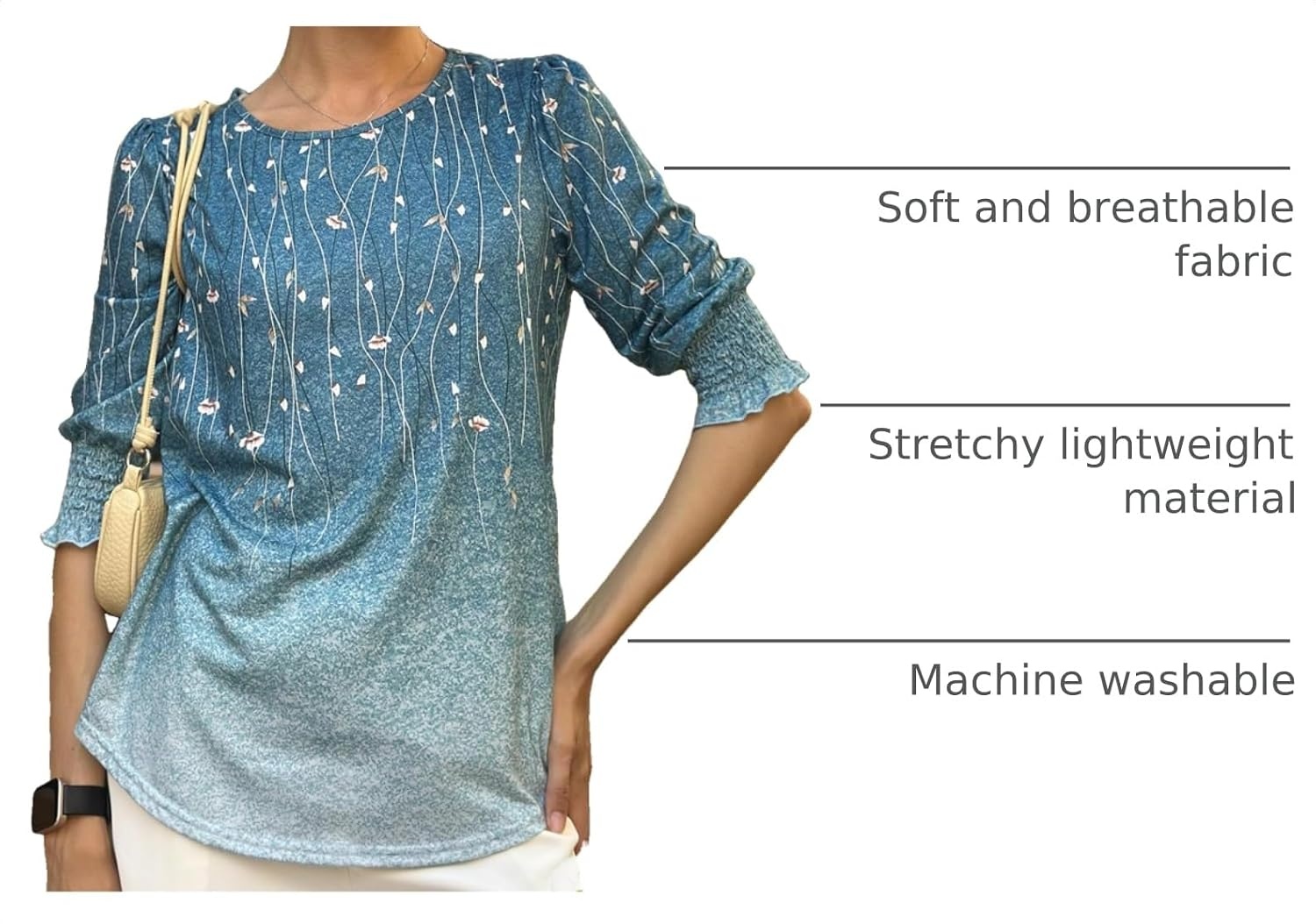 image:imageZeagoo 34 Length Sleeve Blouse Pleated Tops Tunics for Women Dressy Shirt Business CasualBlue Vine