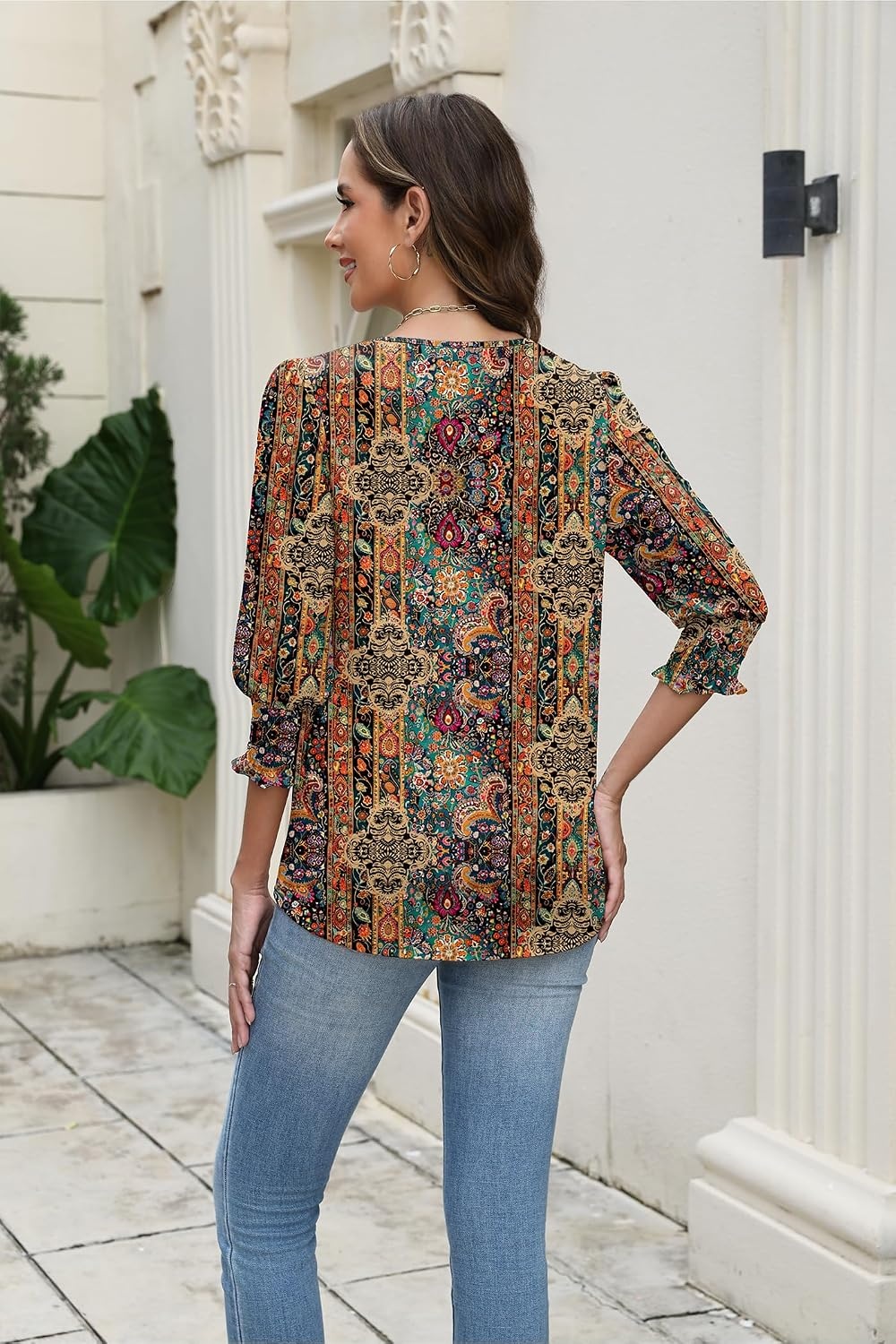 image:imageZeagoo 34 Length Sleeve Blouse Pleated Tops Tunics for Women Dressy Shirt Business CasualBrown Boho