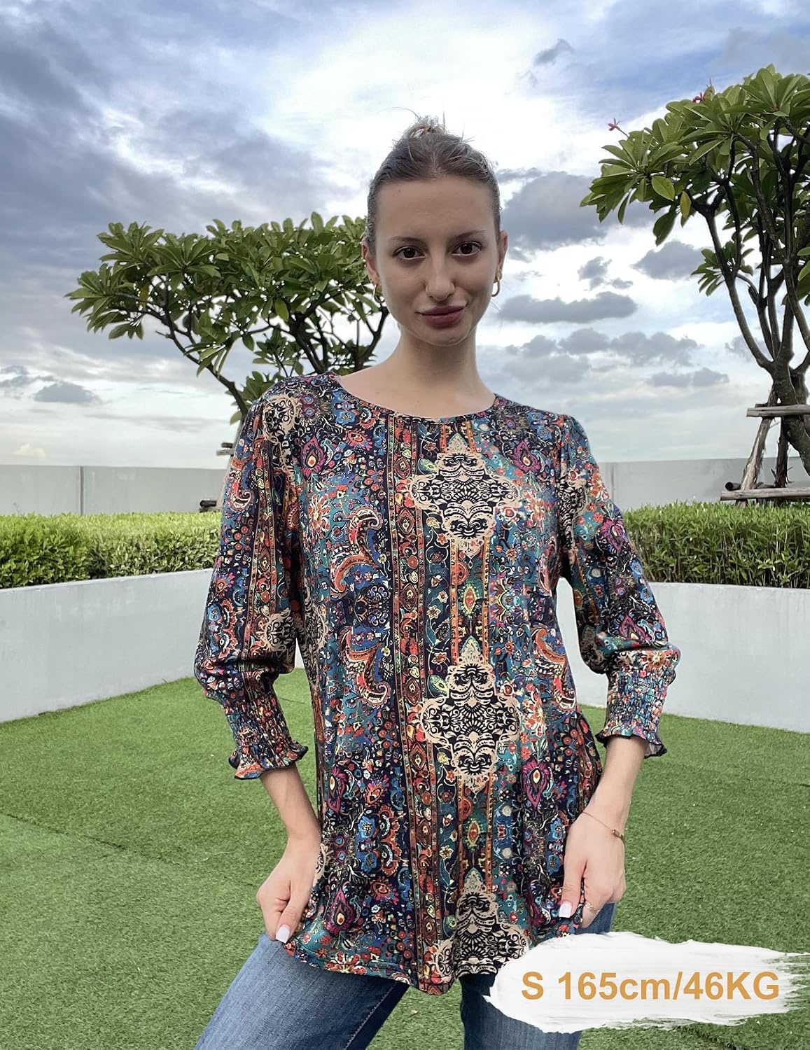 image:imageZeagoo 34 Length Sleeve Blouse Pleated Tops Tunics for Women Dressy Shirt Business CasualBrown Boho