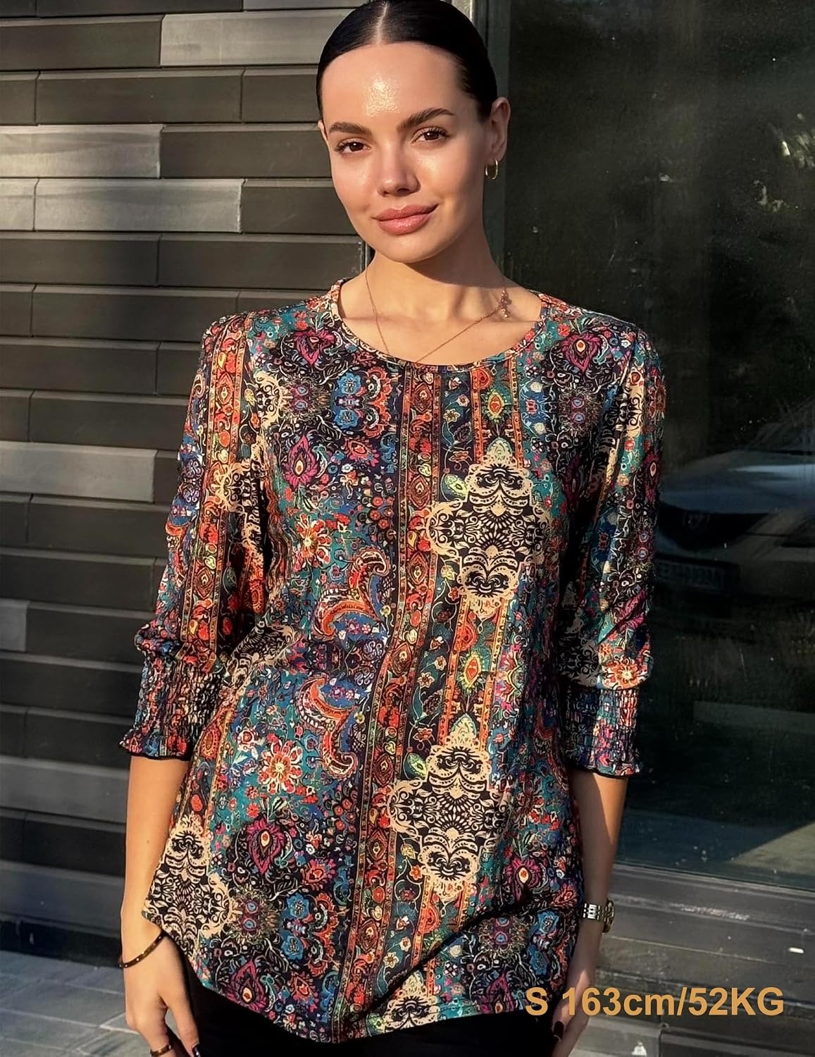 image:imageZeagoo 34 Length Sleeve Blouse Pleated Tops Tunics for Women Dressy Shirt Business CasualBrown Boho B