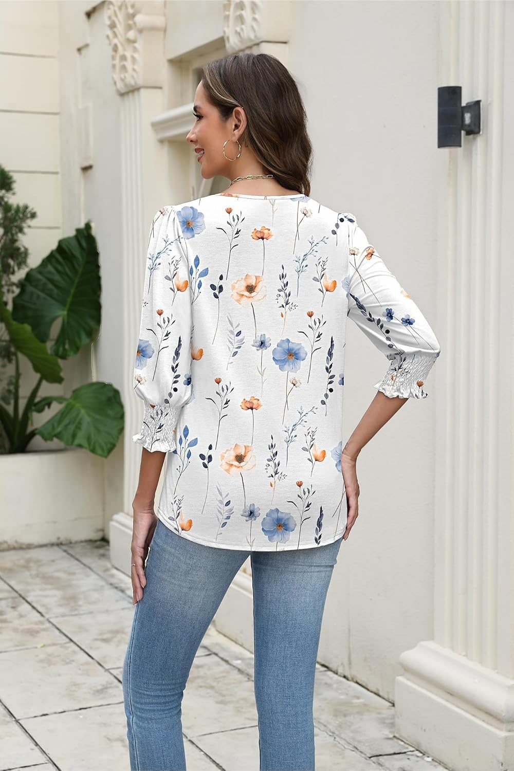 image:imageZeagoo 34 Length Sleeve Blouse Pleated Tops Tunics for Women Dressy Shirt Business CasualFloral White
