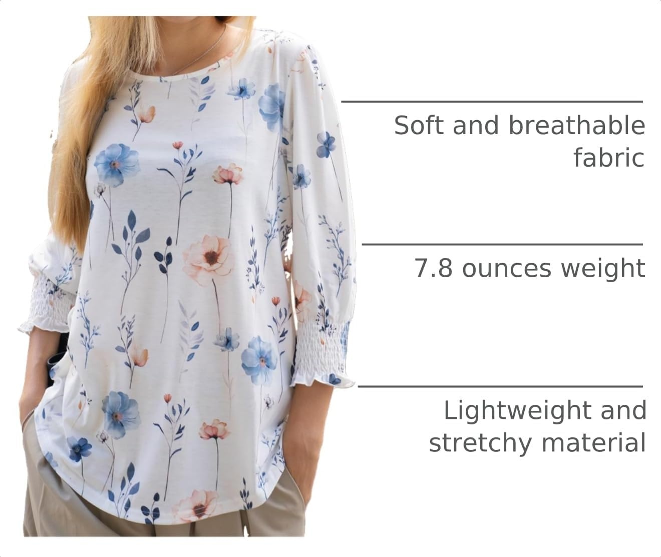 image:imageZeagoo 34 Length Sleeve Blouse Pleated Tops Tunics for Women Dressy Shirt Business CasualFloral White