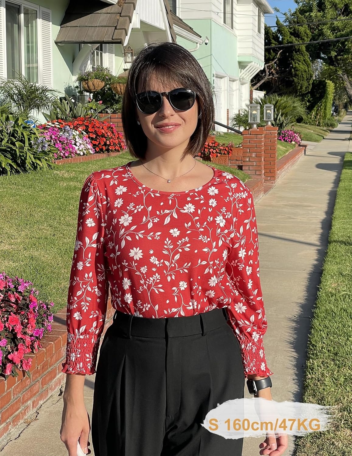 image:imageZeagoo 34 Length Sleeve Blouse Pleated Tops Tunics for Women Dressy Shirt Business CasualVintage Red Ditsy