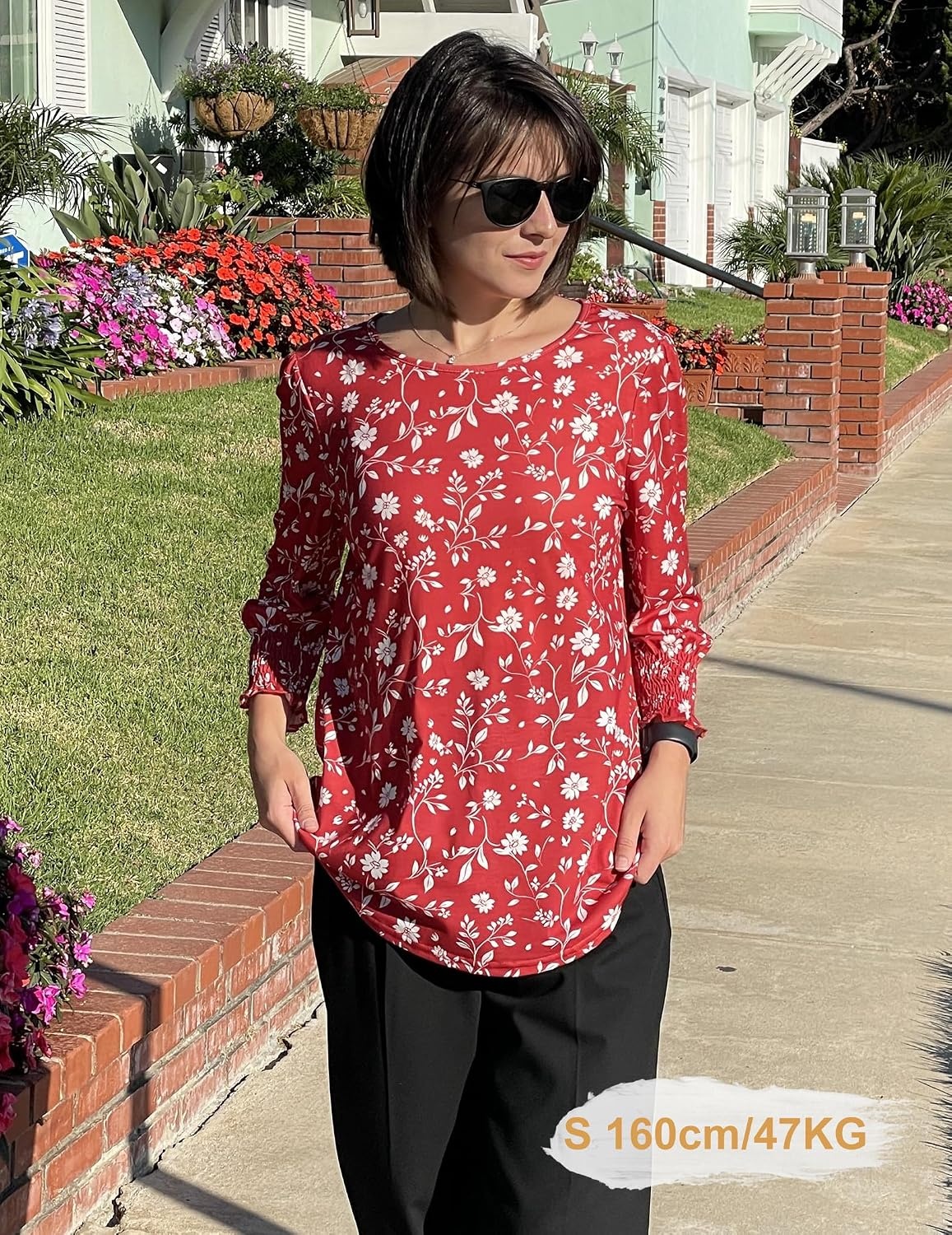 image:imageZeagoo 34 Length Sleeve Blouse Pleated Tops Tunics for Women Dressy Shirt Business CasualVintage Red Ditsy