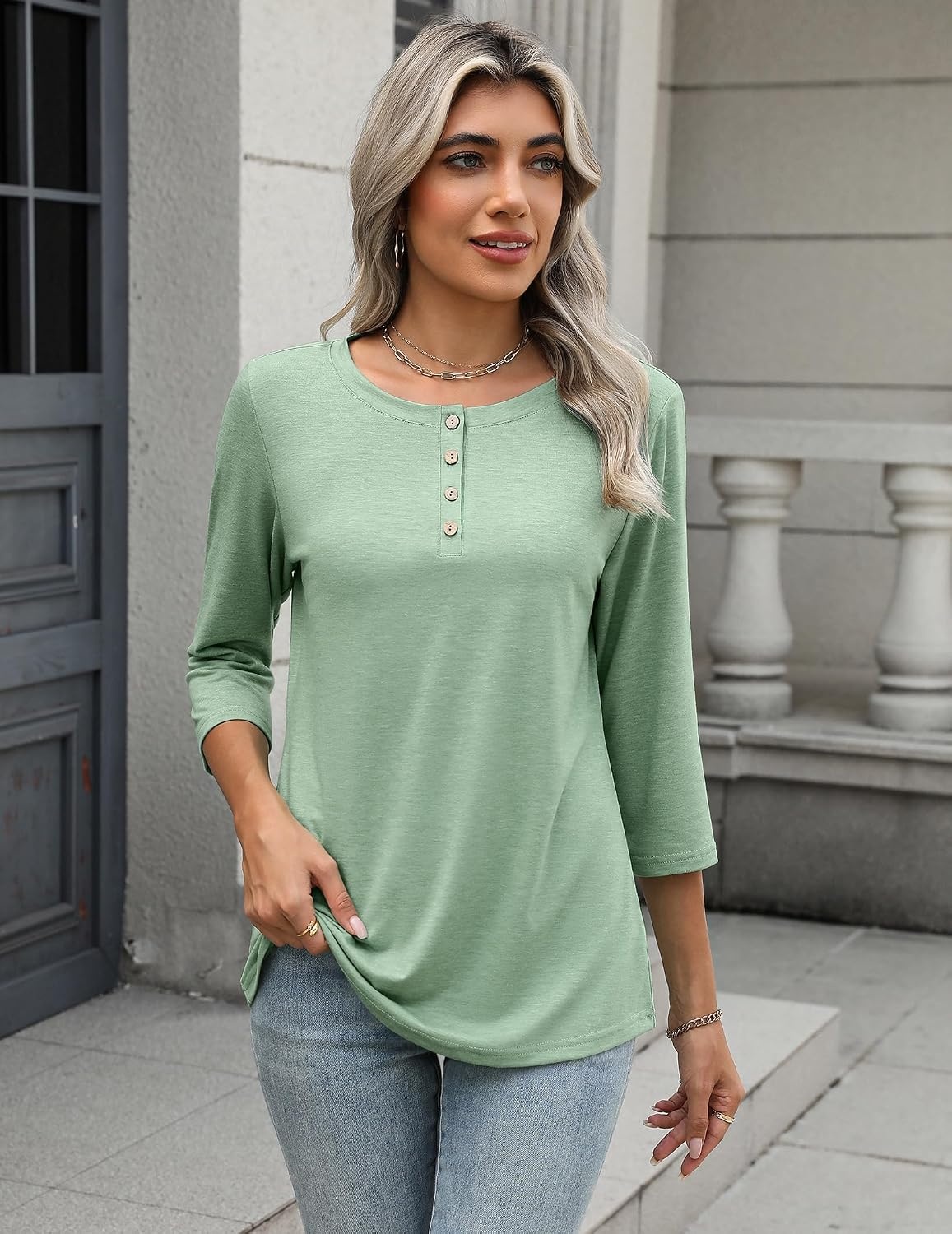 image:imageZeagoo 34 Length Sleeve Women Tops Dressy Casual Blouses Work ClothesBlight Green