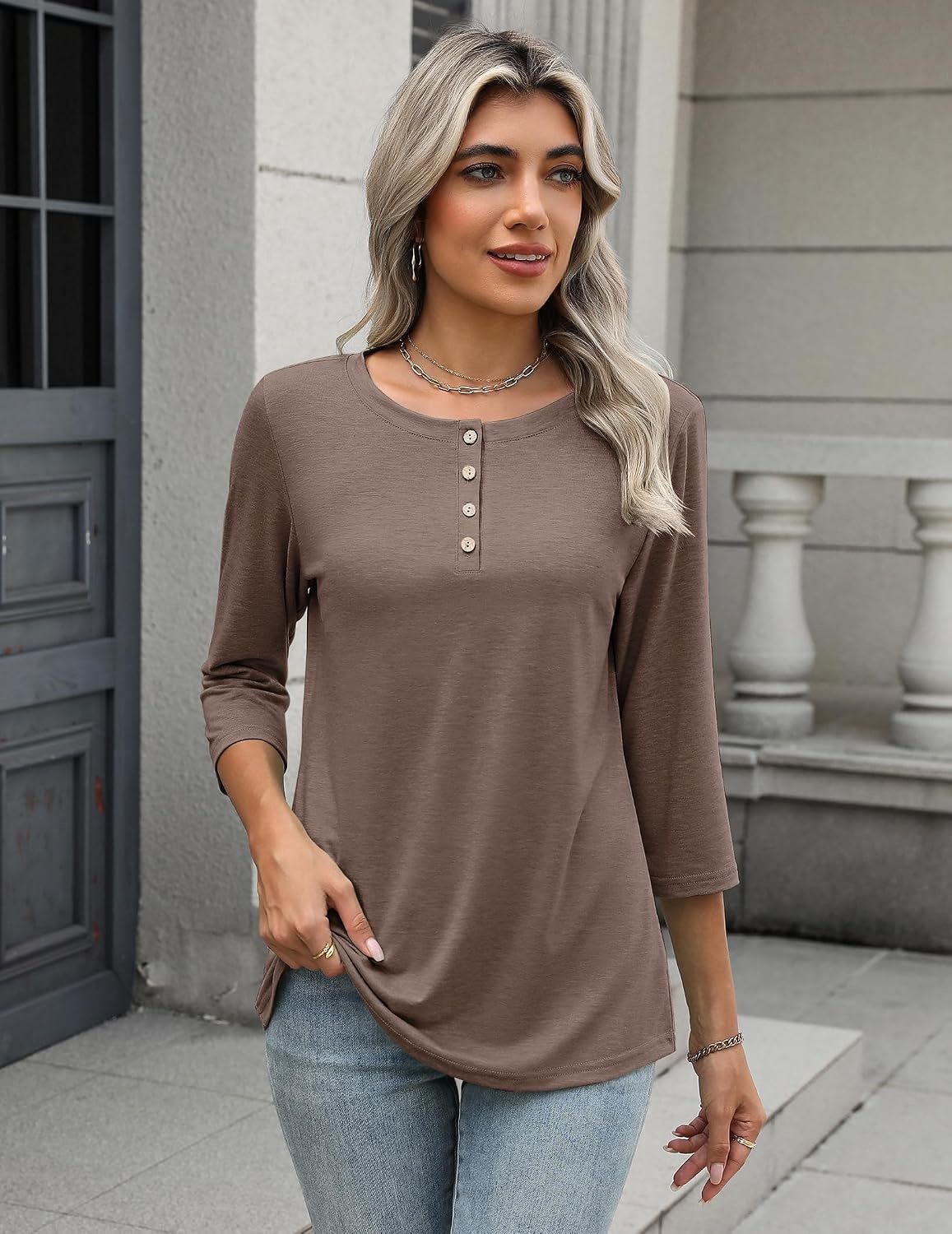 image:imageZeagoo 34 Length Sleeve Women Tops Dressy Casual Blouses Work ClothesBrown