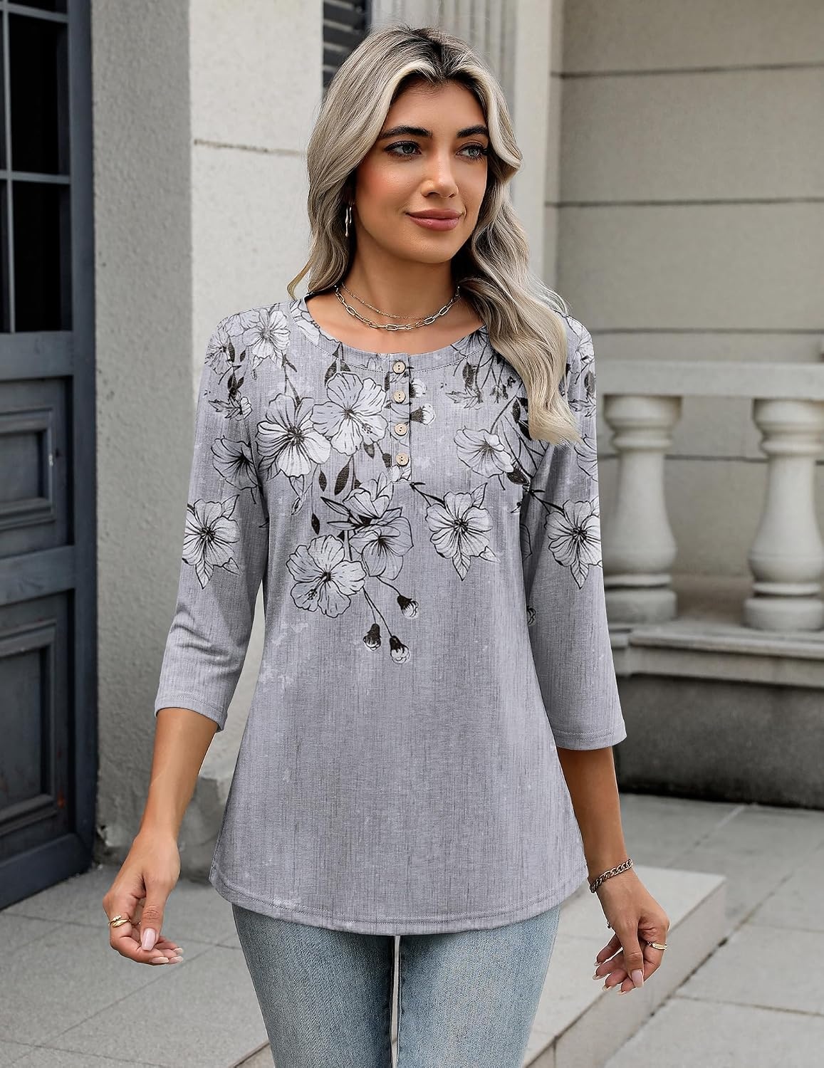 image:imageZeagoo 34 Length Sleeve Women Tops Dressy Casual Blouses Work ClothesDh62grey Flower