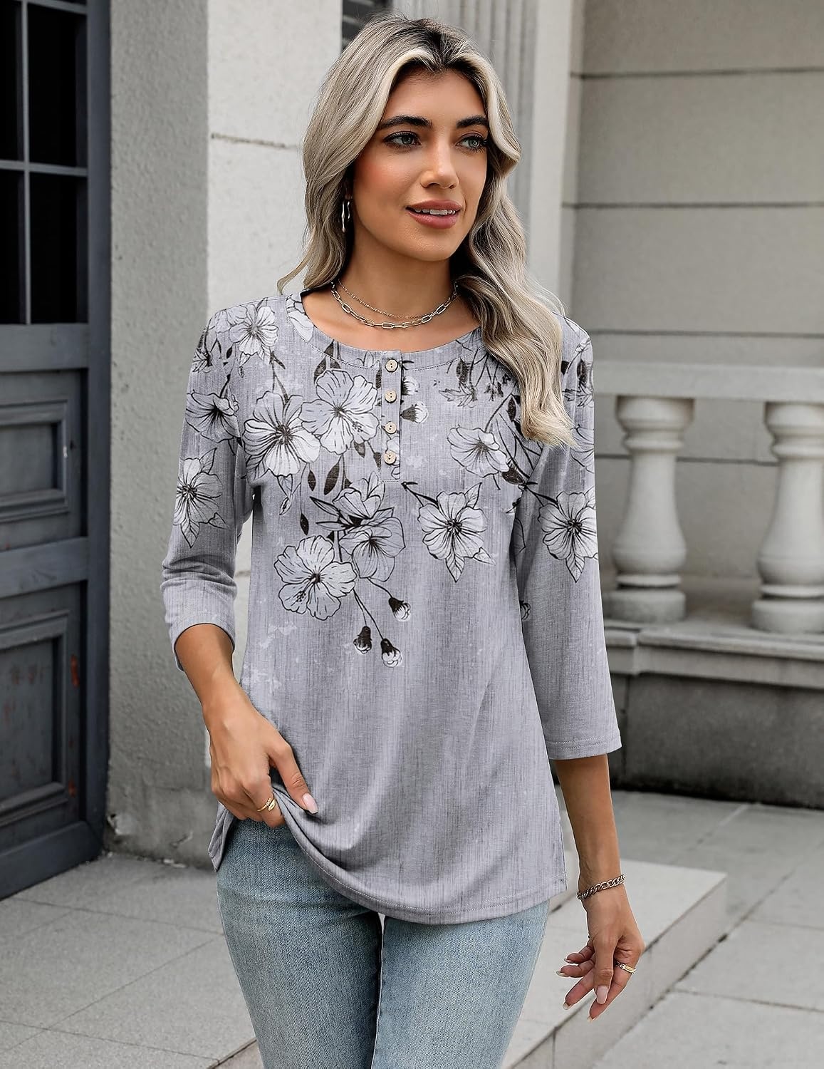 image:imageZeagoo 34 Length Sleeve Women Tops Dressy Casual Blouses Work ClothesDh62grey Flower