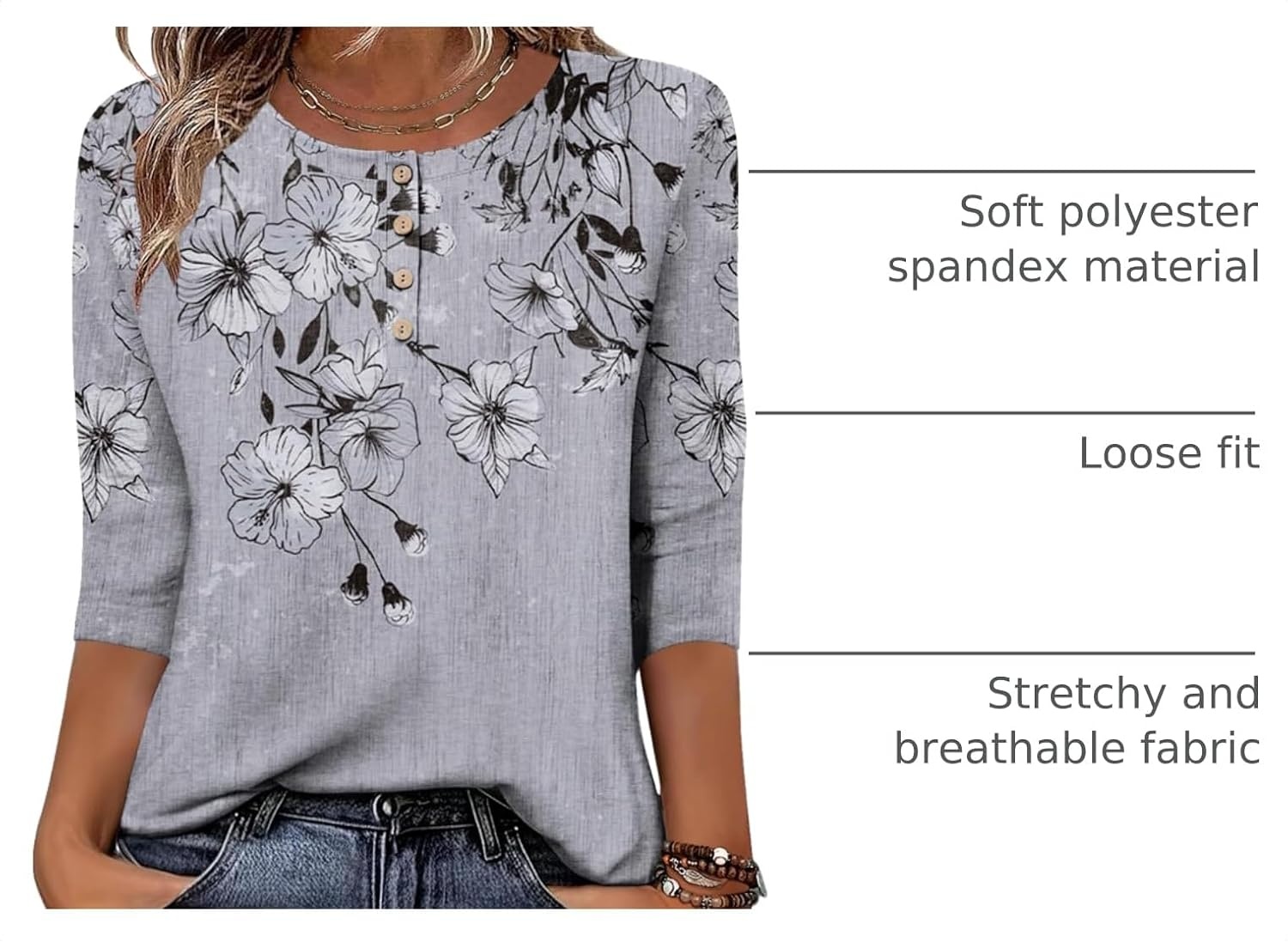 image:imageZeagoo 34 Length Sleeve Women Tops Dressy Casual Blouses Work ClothesDh62grey Flower
