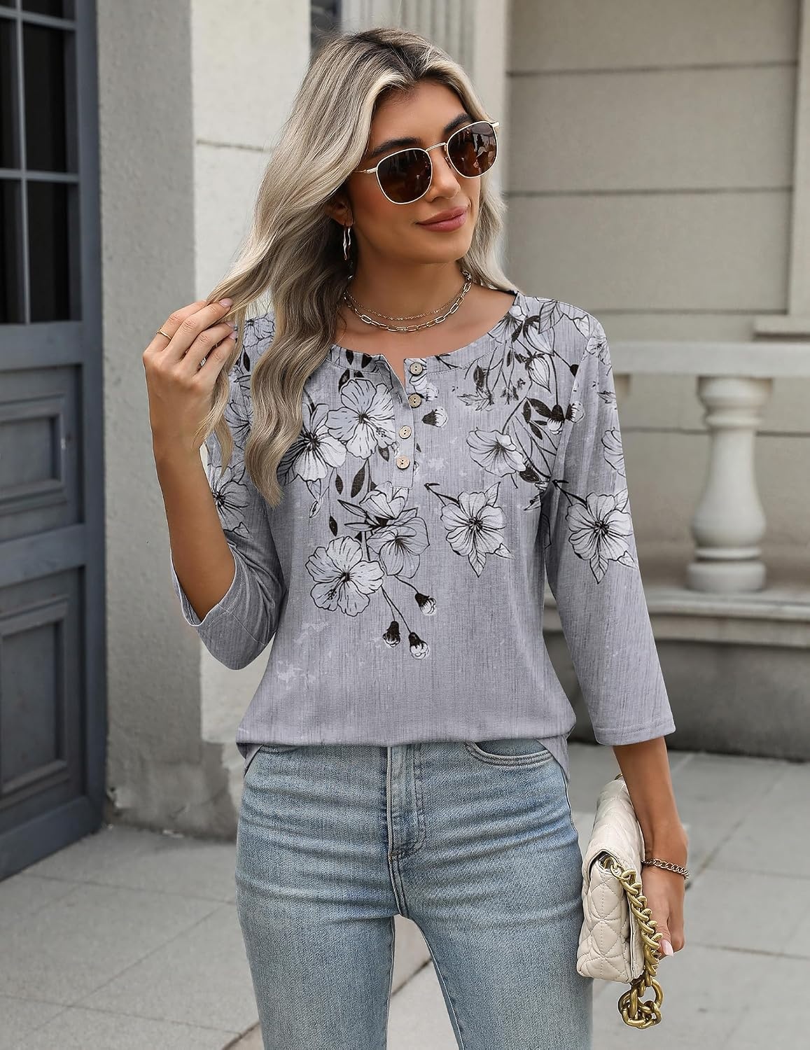 image:imageZeagoo 34 Length Sleeve Women Tops Dressy Casual Blouses Work ClothesDh62grey Flower