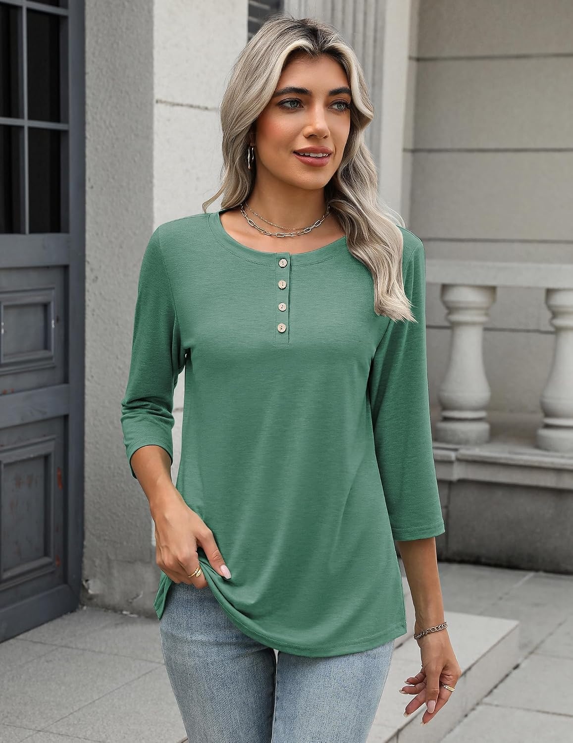 image:imageZeagoo 34 Length Sleeve Women Tops Dressy Casual Blouses Work ClothesGreen