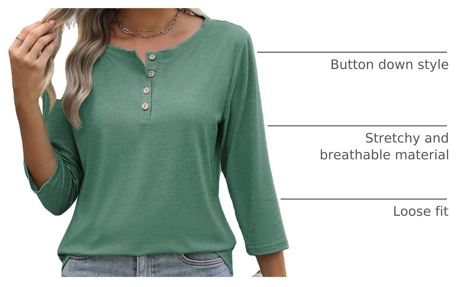 image:imageZeagoo 34 Length Sleeve Women Tops Dressy Casual Blouses Work ClothesGreen