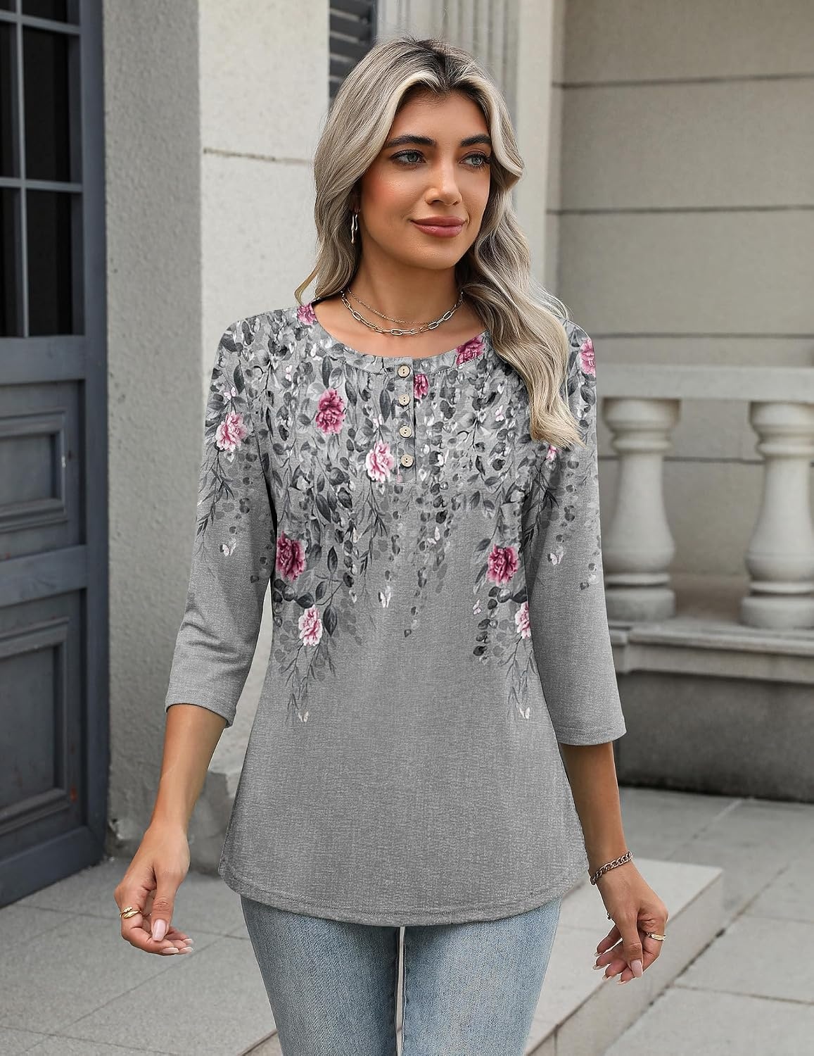 image:imageZeagoo 34 Length Sleeve Women Tops Dressy Casual Blouses Work ClothesHf36grey Leaves