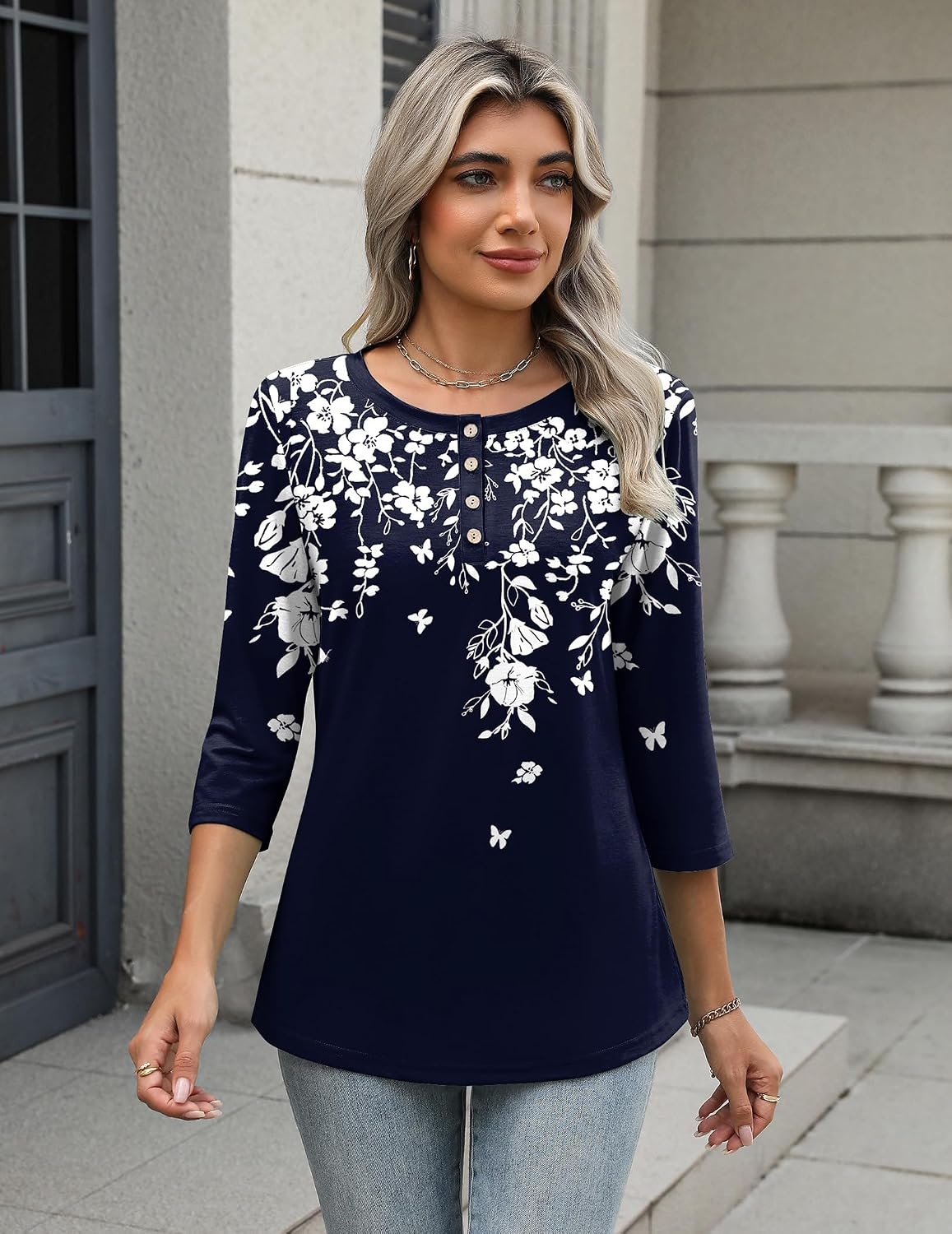 image:imageZeagoo 34 Length Sleeve Women Tops Dressy Casual Blouses Work ClothesSf103navy Blue Leaves