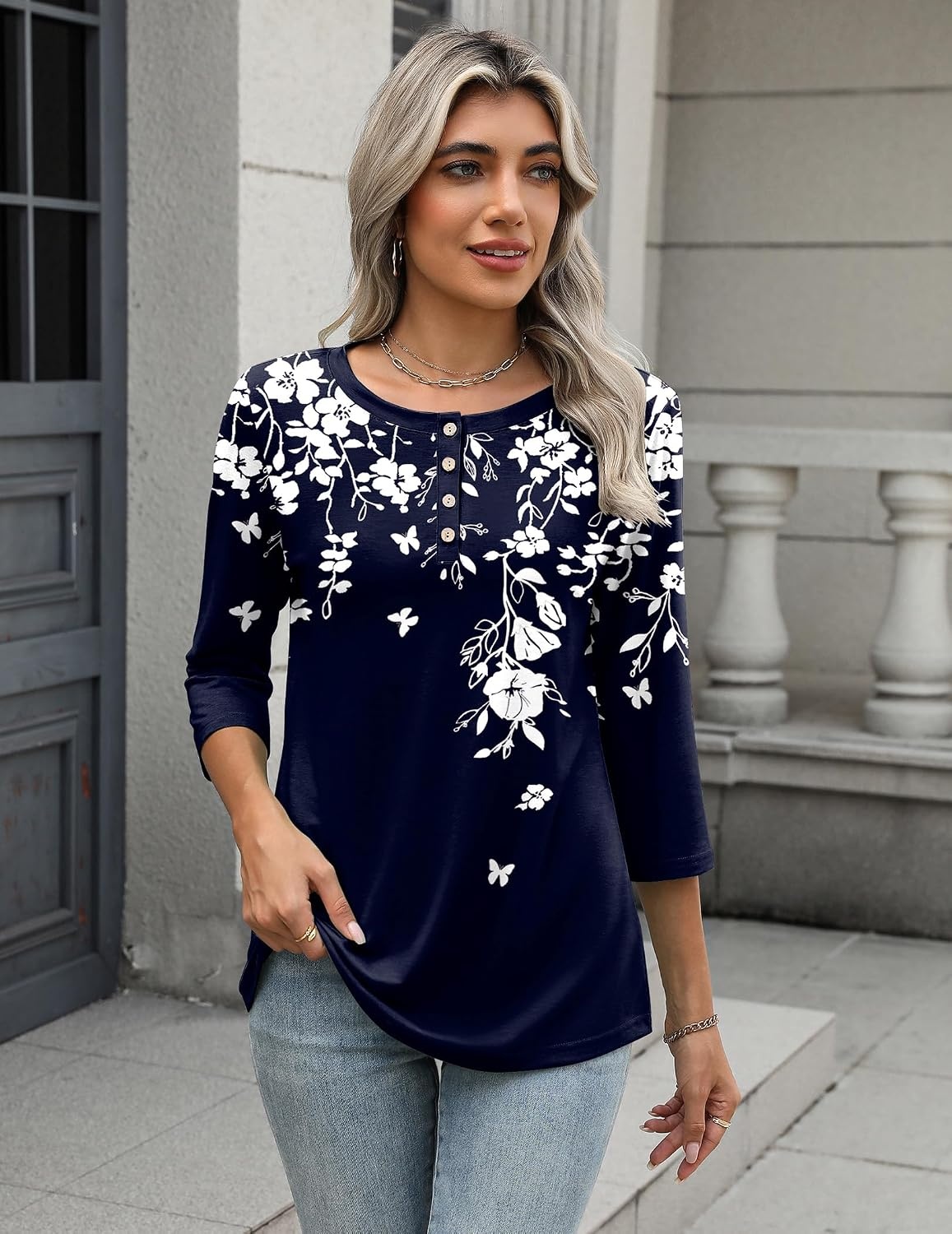 image:imageZeagoo 34 Length Sleeve Women Tops Dressy Casual Blouses Work ClothesSf103navy Blue Leaves