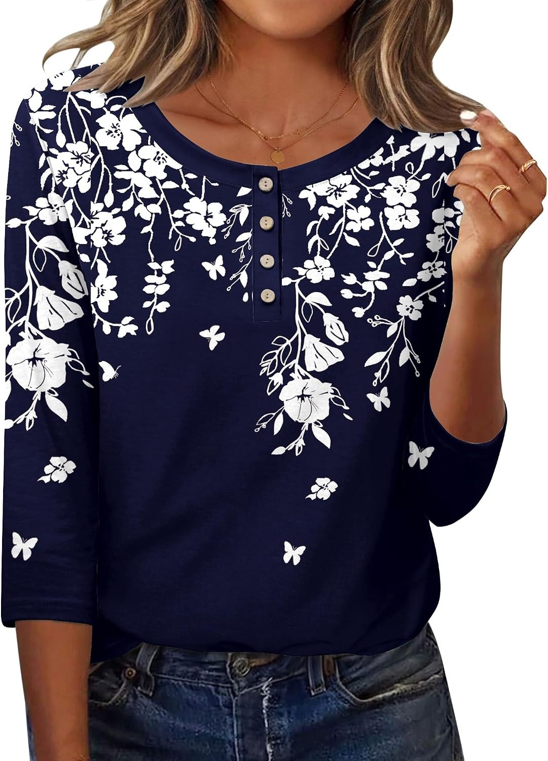 image:imageZeagoo 34 Length Sleeve Women Tops Dressy Casual Blouses Work ClothesSf103navy Blue Leaves