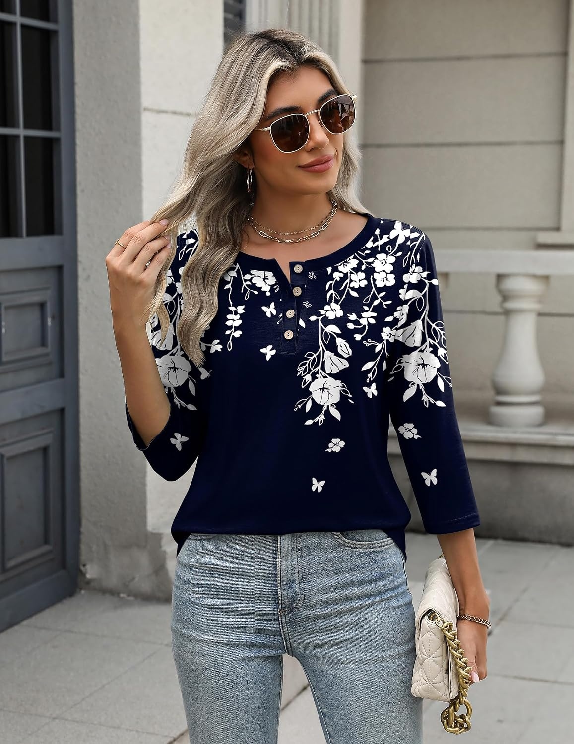 image:imageZeagoo 34 Length Sleeve Women Tops Dressy Casual Blouses Work ClothesSf103navy Blue Leaves