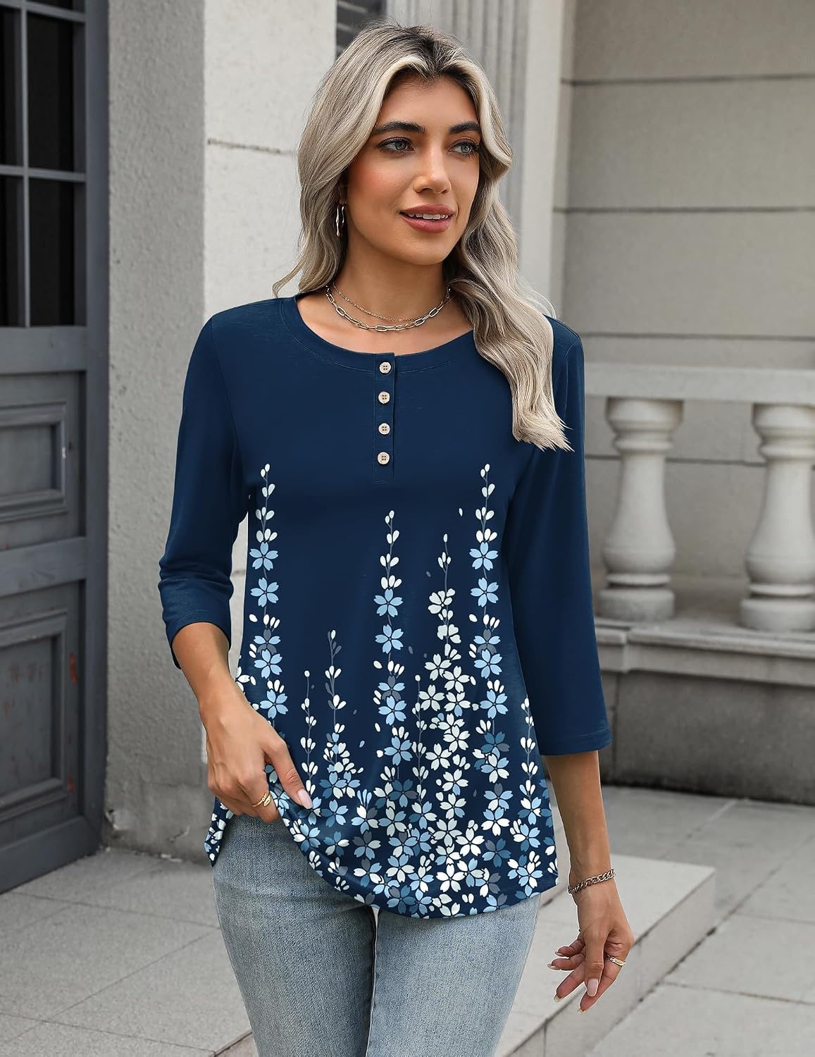 image:imageZeagoo 34 Length Sleeve Women Tops Dressy Casual Blouses Work ClothesSf119blue Print