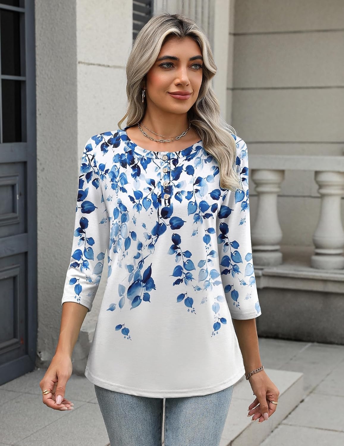 image:imageZeagoo 34 Length Sleeve Women Tops Dressy Casual Blouses Work ClothesWf41blue Leaves