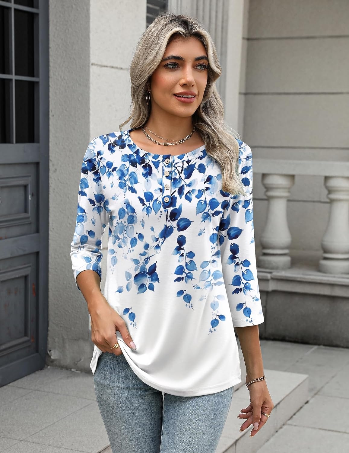 image:imageZeagoo 34 Length Sleeve Women Tops Dressy Casual Blouses Work ClothesWf41blue Leaves