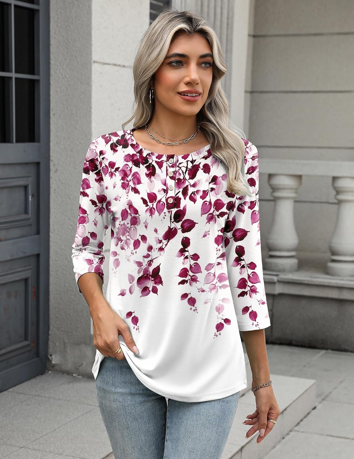 image:imageZeagoo 34 Length Sleeve Women Tops Dressy Casual Blouses Work ClothesWf74purple Leaves