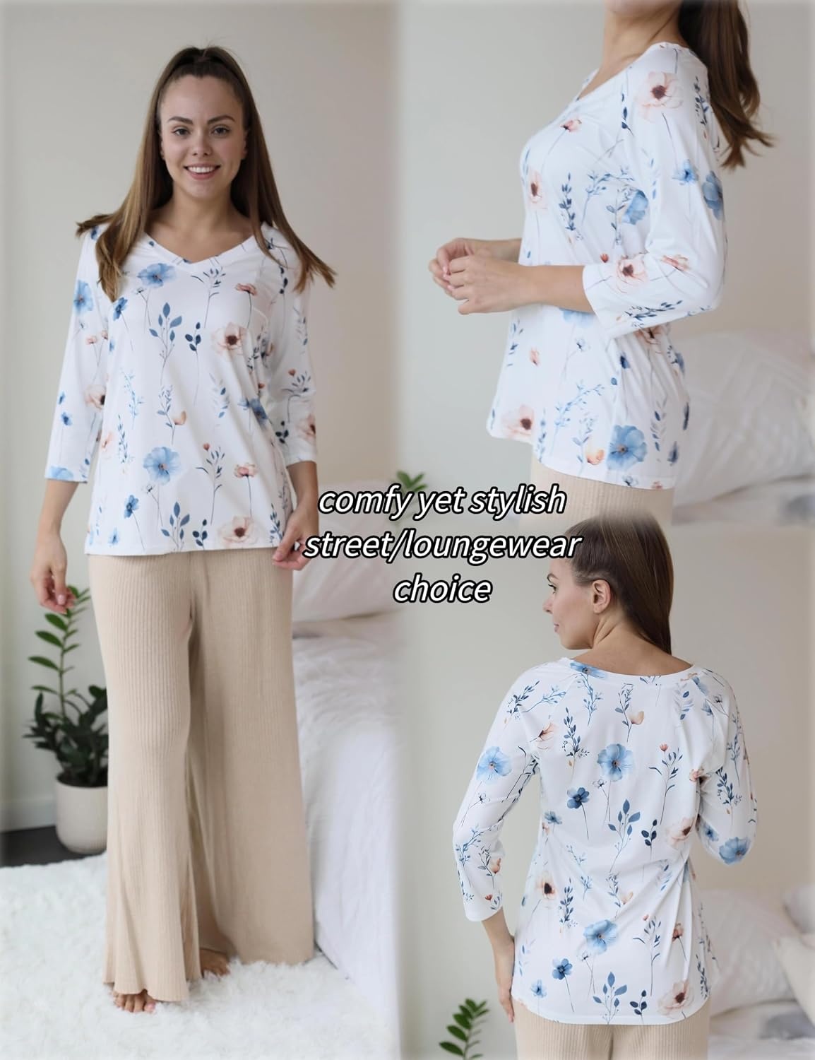 image:imageZeagoo 34 Length Sleeve Womens Tops Casual V Neck Shirts Soft Basic TeesBf290