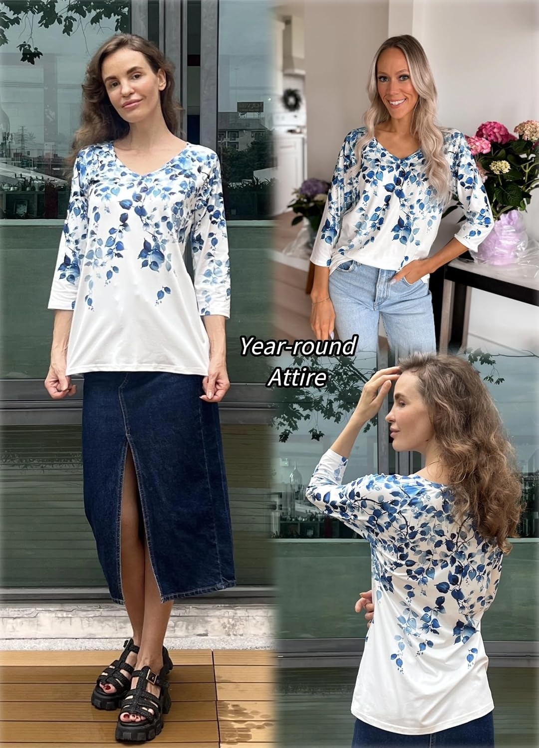 image:imageZeagoo 34 Length Sleeve Womens Tops Casual V Neck Shirts Soft Basic TeesBlue Leaveswf41