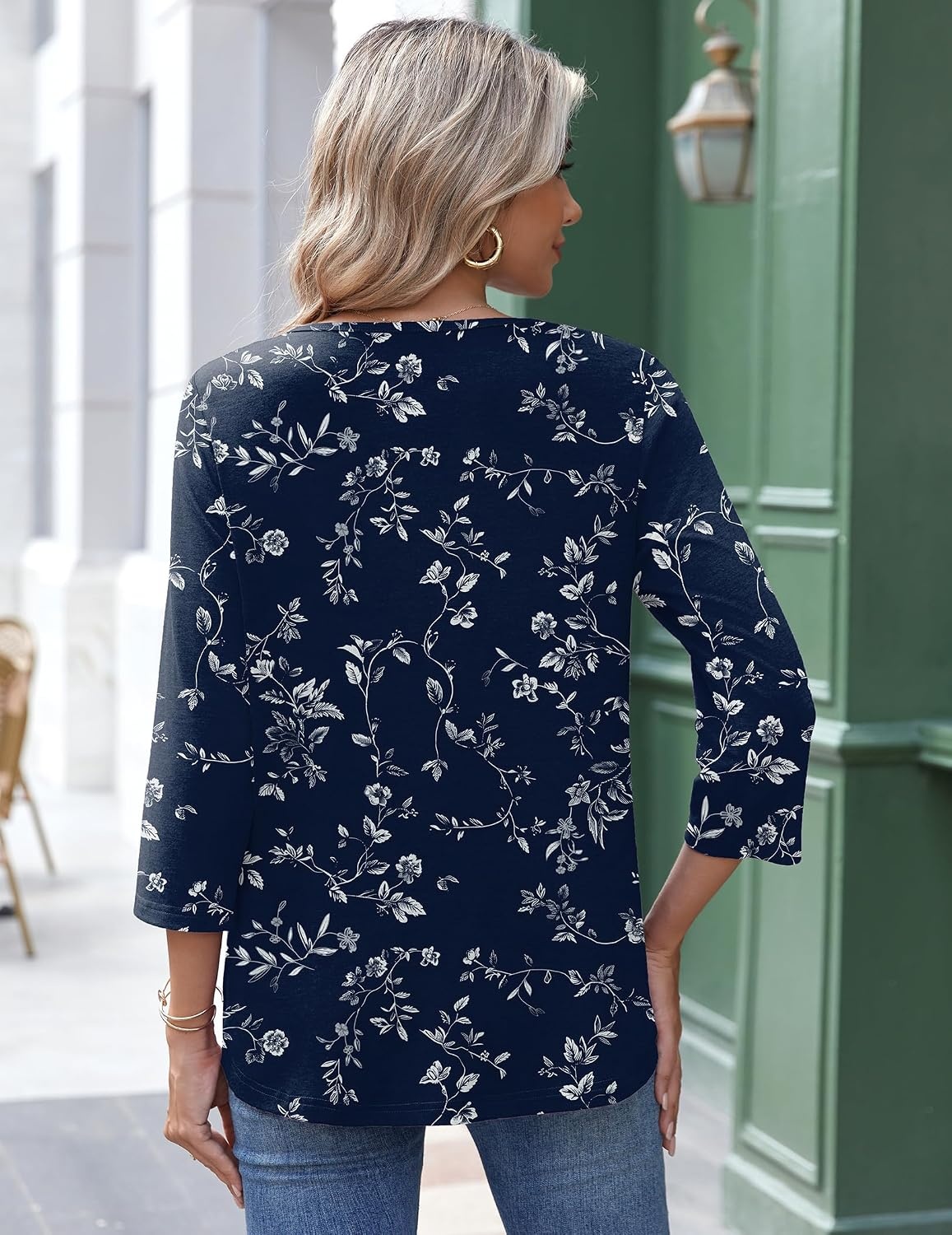 image:imageZeagoo 34 Length Sleeve Womens Tops Round Neck Casual Summer Tunic Tops Basic Tees Blouses Dressy TShirts Pleated Shirts02 Navy Floral