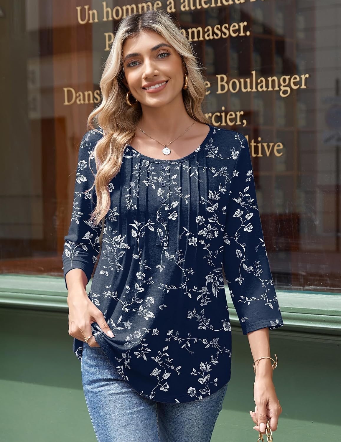 image:imageZeagoo 34 Length Sleeve Womens Tops Round Neck Casual Summer Tunic Tops Basic Tees Blouses Dressy TShirts Pleated Shirts02 Navy Floral