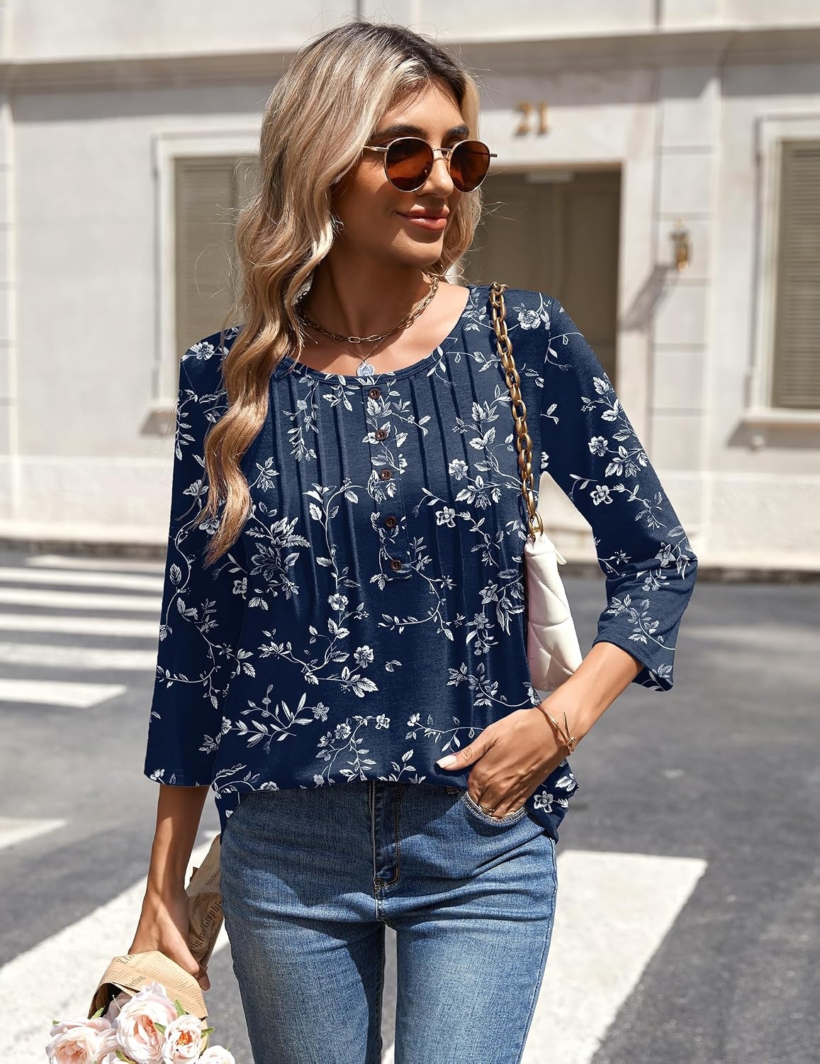 image:imageZeagoo 34 Length Sleeve Womens Tops Round Neck Casual Summer Tunic Tops Basic Tees Blouses Dressy TShirts Pleated Shirts02 Navy Floral