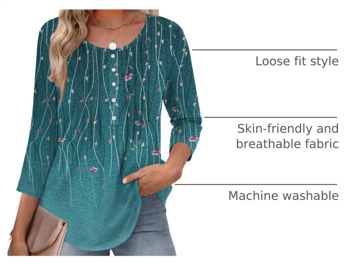image:imageZeagoo 34 Length Sleeve Womens Tops Round Neck Casual Summer Tunic Tops Basic Tees Blouses Dressy TShirts Pleated ShirtsAgreen