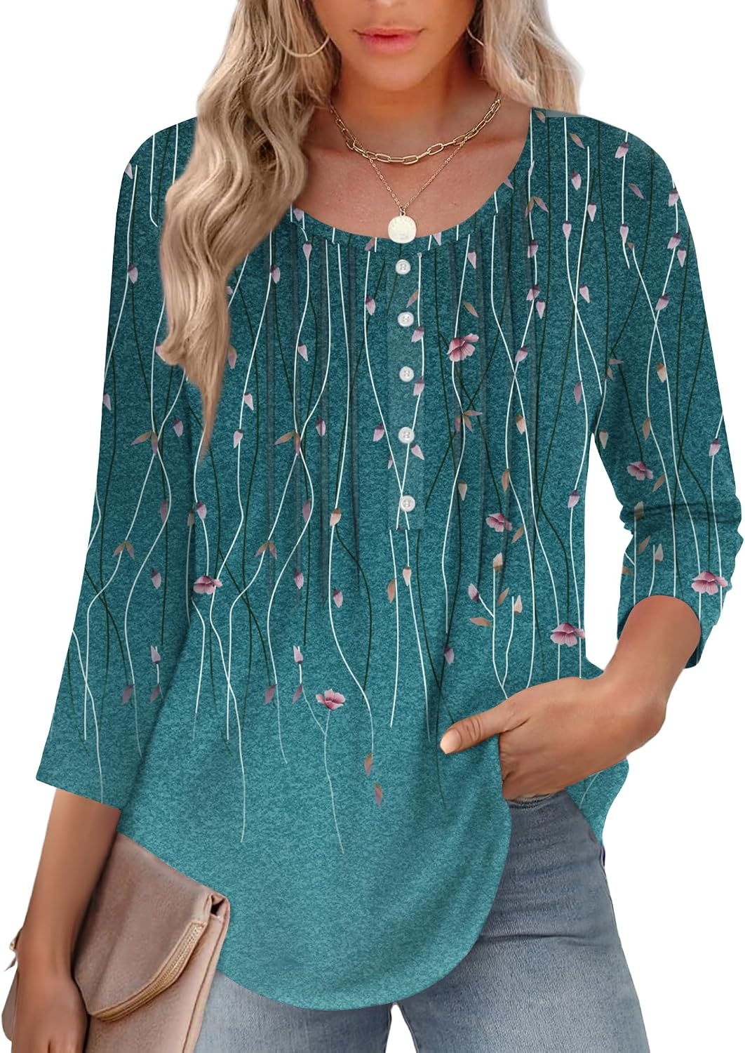 image:imageZeagoo 34 Length Sleeve Womens Tops Round Neck Casual Summer Tunic Tops Basic Tees Blouses Dressy TShirts Pleated ShirtsAgreen