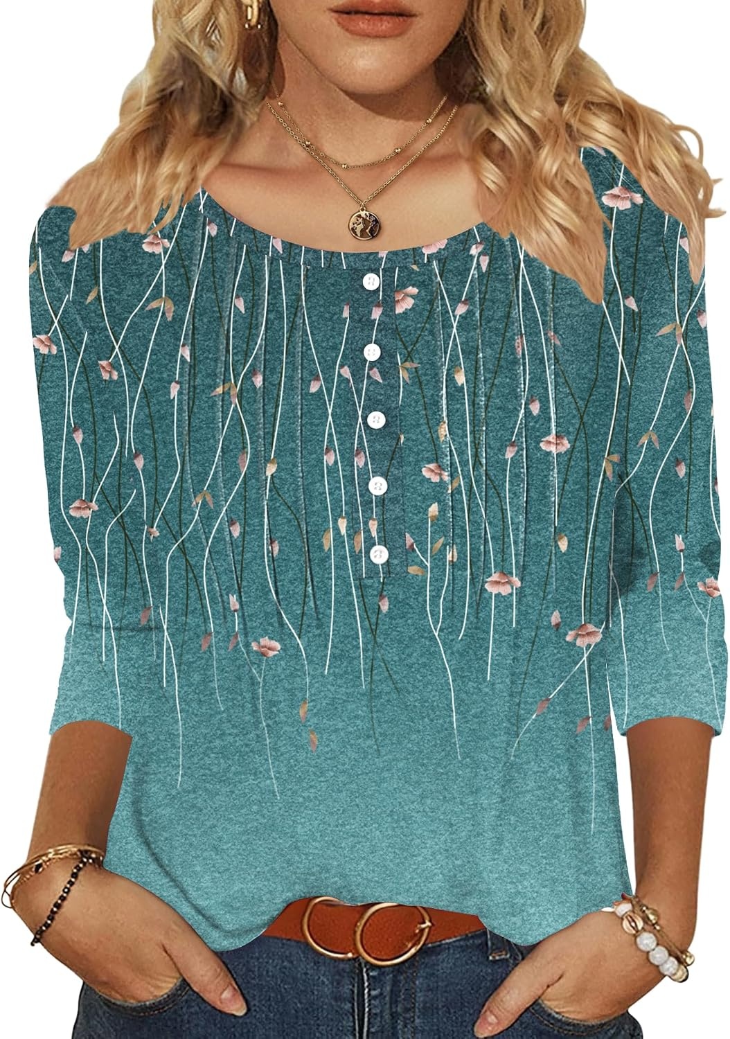 image:imageZeagoo 34 Length Sleeve Womens Tops Round Neck Casual Summer Tunic Tops Basic Tees Blouses Dressy TShirts Pleated ShirtsAgreen