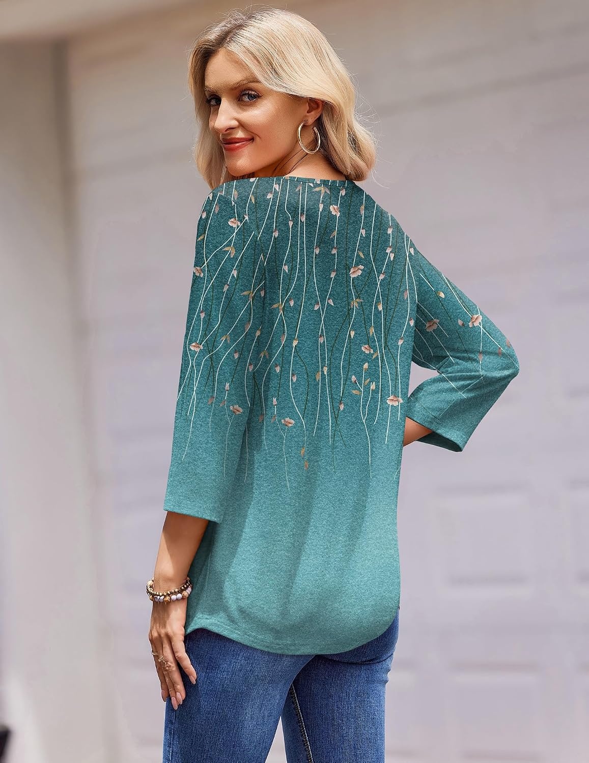 image:imageZeagoo 34 Length Sleeve Womens Tops Round Neck Casual Summer Tunic Tops Basic Tees Blouses Dressy TShirts Pleated ShirtsAgreen