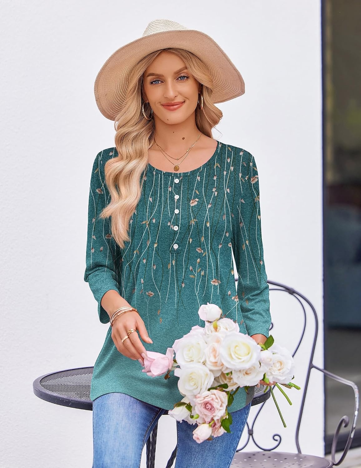image:imageZeagoo 34 Length Sleeve Womens Tops Round Neck Casual Summer Tunic Tops Basic Tees Blouses Dressy TShirts Pleated ShirtsAgreen