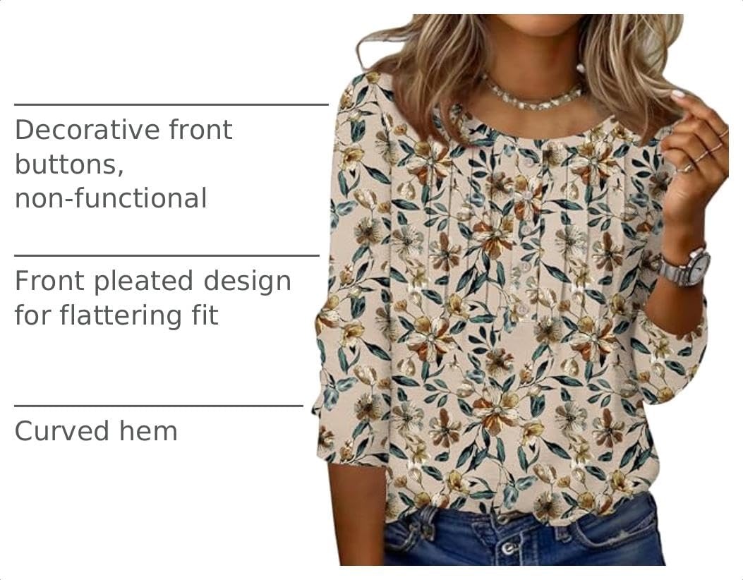 image:imageZeagoo 34 Length Sleeve Womens Tops Round Neck Casual Summer Tunic Tops Basic Tees Blouses Dressy TShirts Pleated ShirtsApricot