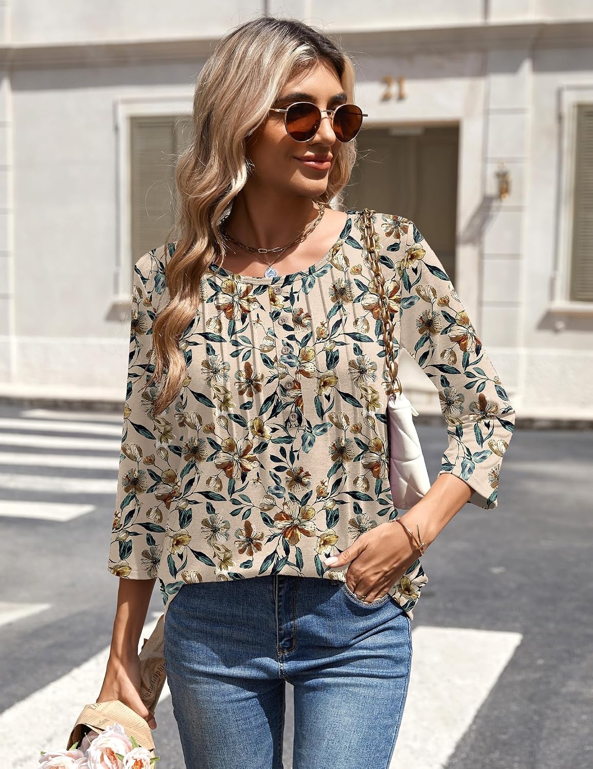 image:imageZeagoo 34 Length Sleeve Womens Tops Round Neck Casual Summer Tunic Tops Basic Tees Blouses Dressy TShirts Pleated ShirtsApricot