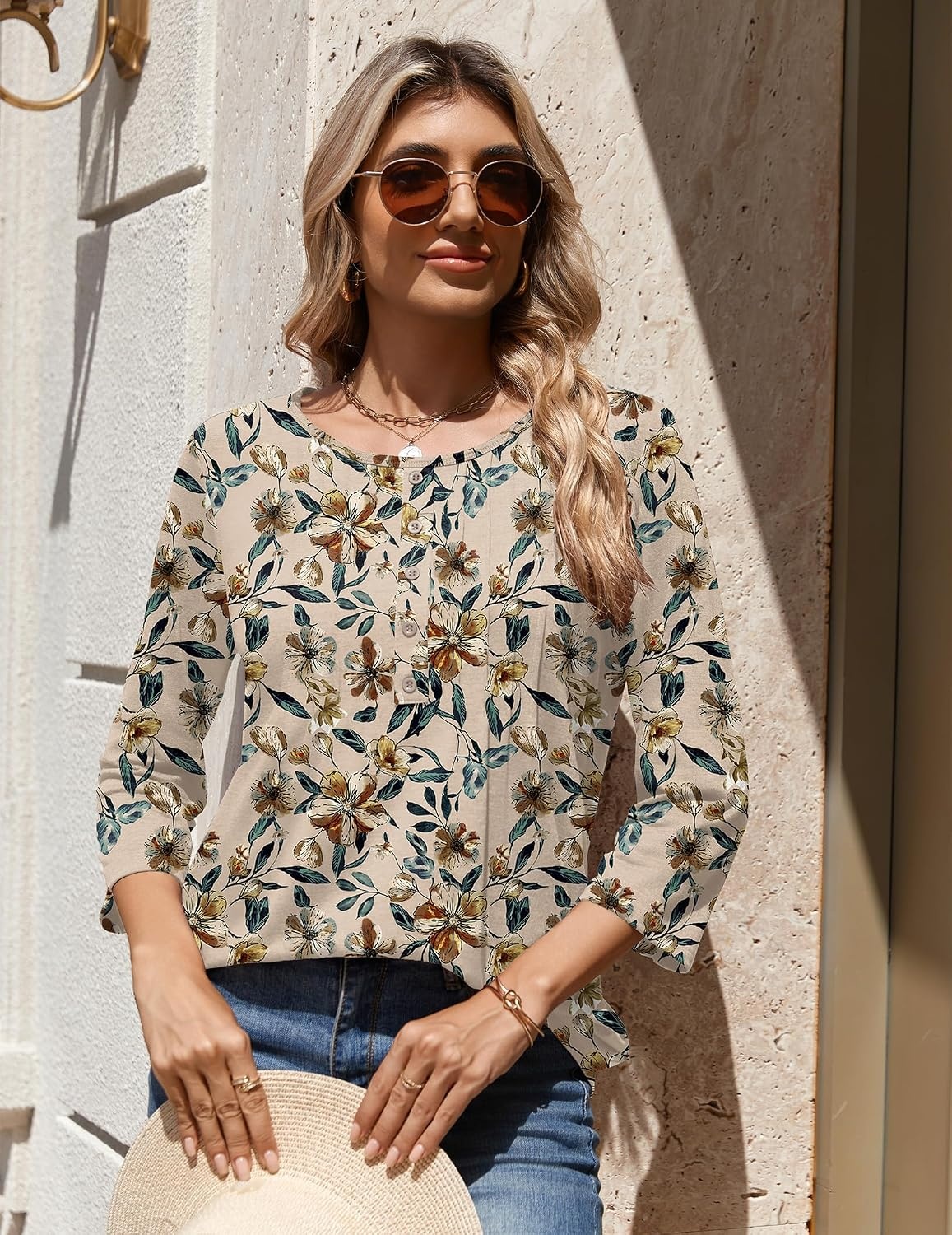 image:imageZeagoo 34 Length Sleeve Womens Tops Round Neck Casual Summer Tunic Tops Basic Tees Blouses Dressy TShirts Pleated ShirtsApricot