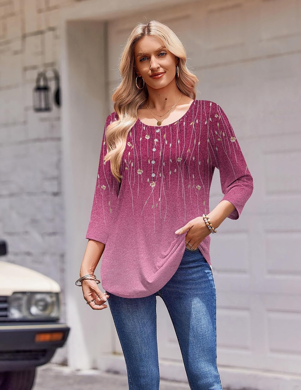 image:imageZeagoo 34 Length Sleeve Womens Tops Round Neck Casual Summer Tunic Tops Basic Tees Blouses Dressy TShirts Pleated ShirtsApurple