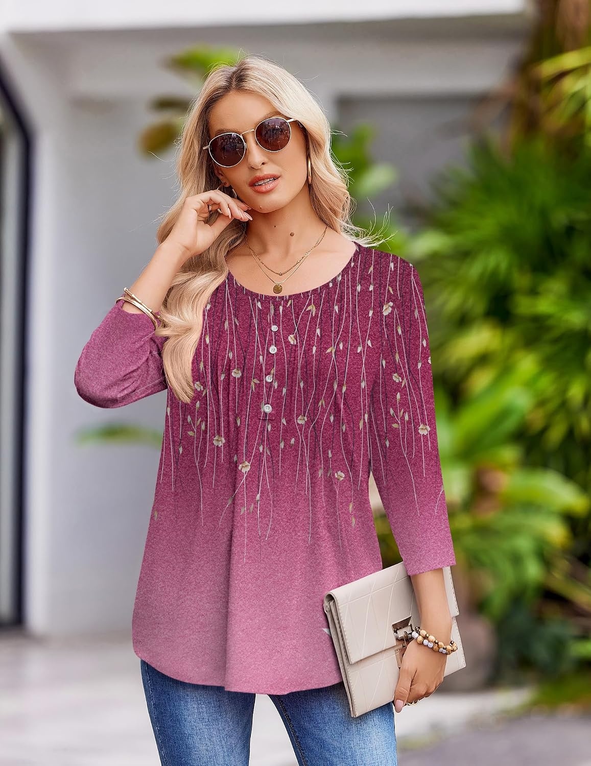 image:imageZeagoo 34 Length Sleeve Womens Tops Round Neck Casual Summer Tunic Tops Basic Tees Blouses Dressy TShirts Pleated ShirtsApurple