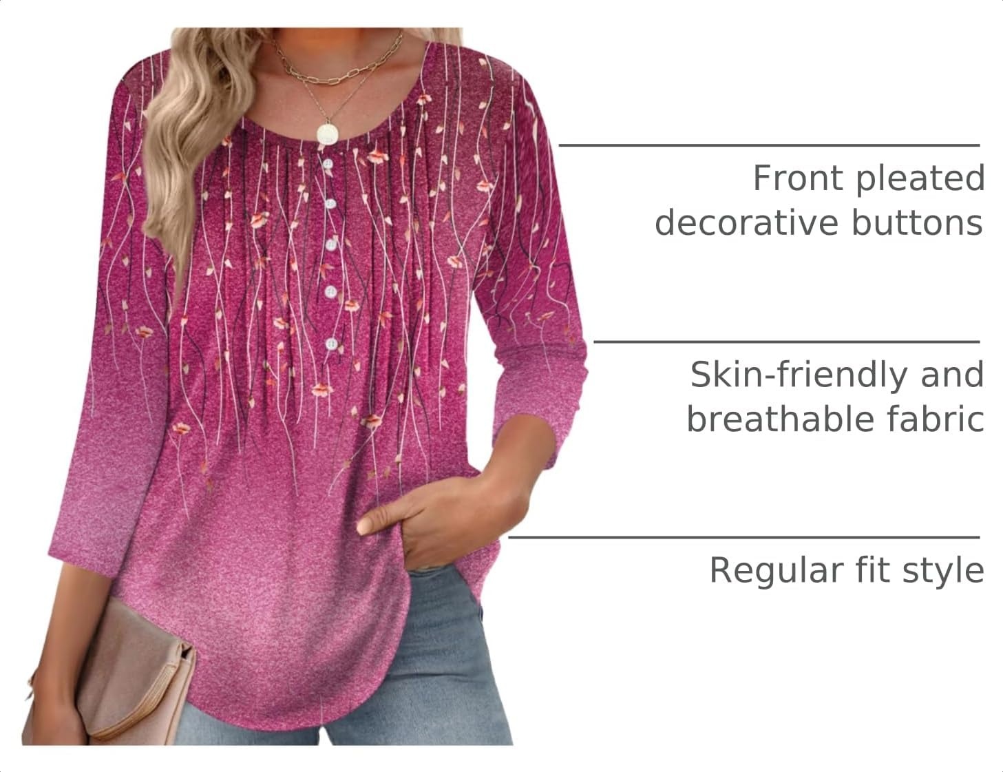 image:imageZeagoo 34 Length Sleeve Womens Tops Round Neck Casual Summer Tunic Tops Basic Tees Blouses Dressy TShirts Pleated ShirtsApurple