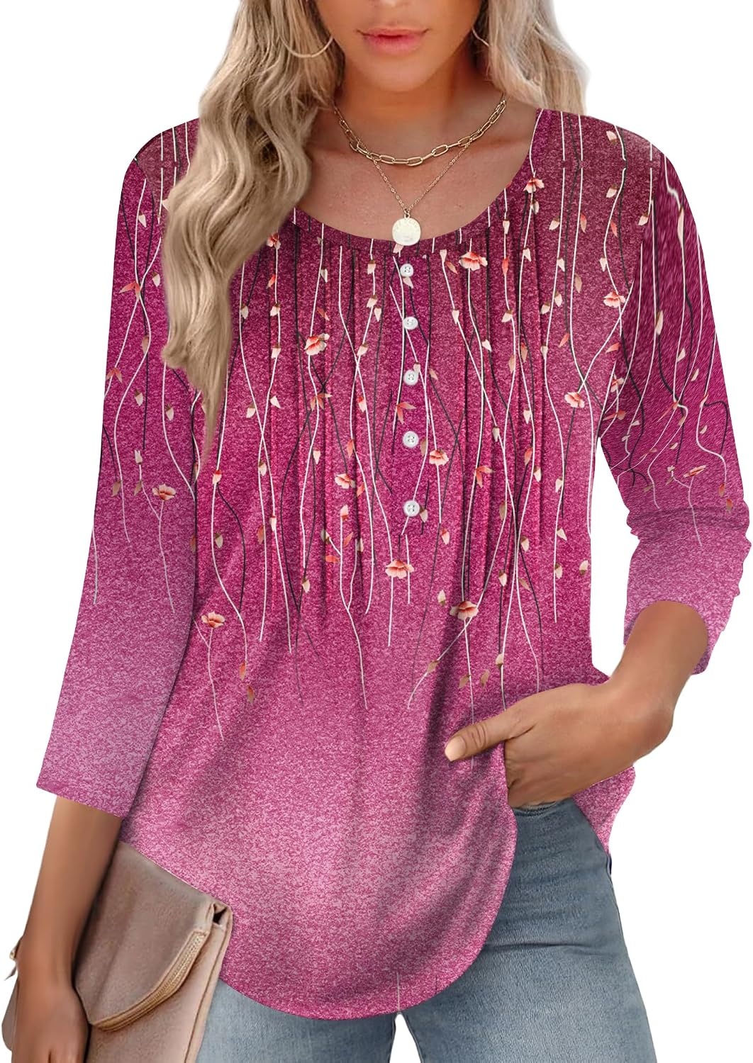 image:imageZeagoo 34 Length Sleeve Womens Tops Round Neck Casual Summer Tunic Tops Basic Tees Blouses Dressy TShirts Pleated ShirtsApurple