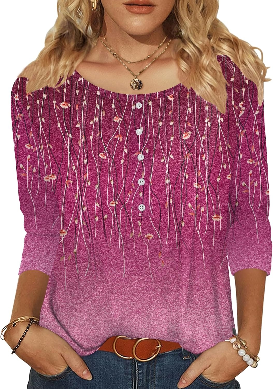 image:imageZeagoo 34 Length Sleeve Womens Tops Round Neck Casual Summer Tunic Tops Basic Tees Blouses Dressy TShirts Pleated ShirtsApurple