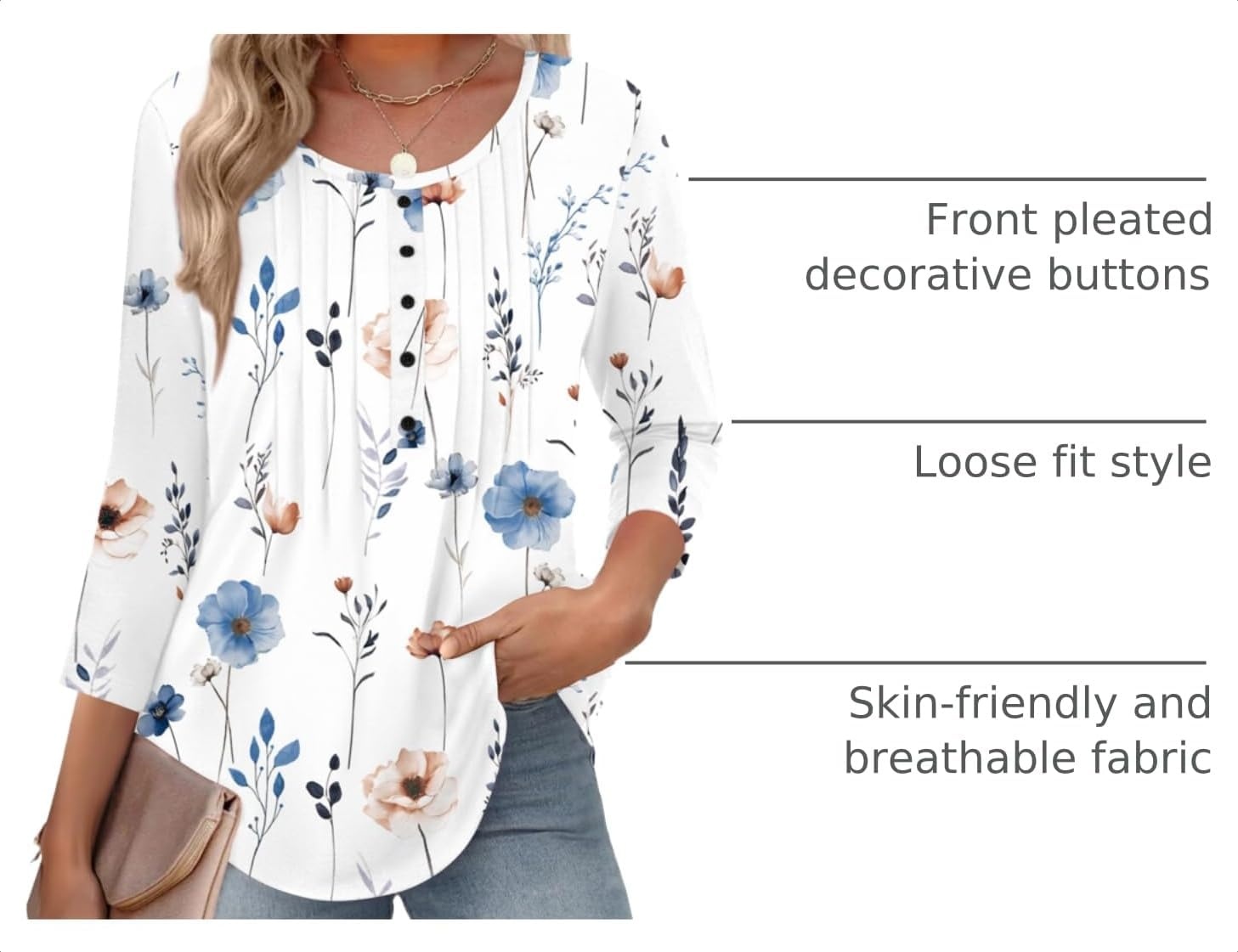 image:imageZeagoo 34 Length Sleeve Womens Tops Round Neck Casual Summer Tunic Tops Basic Tees Blouses Dressy TShirts Pleated ShirtsAwhite