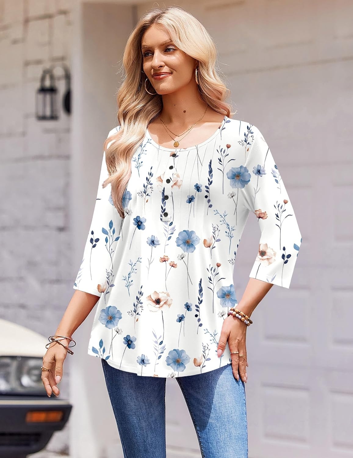 image:imageZeagoo 34 Length Sleeve Womens Tops Round Neck Casual Summer Tunic Tops Basic Tees Blouses Dressy TShirts Pleated ShirtsAwhite
