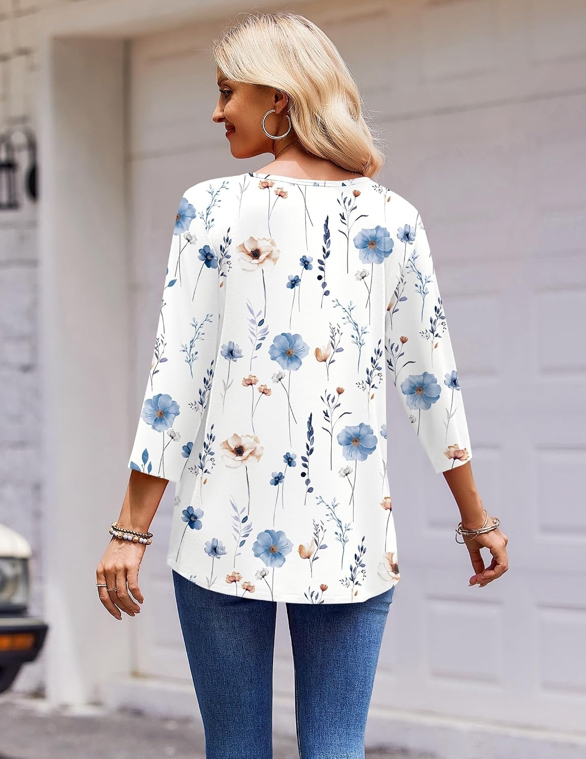 image:imageZeagoo 34 Length Sleeve Womens Tops Round Neck Casual Summer Tunic Tops Basic Tees Blouses Dressy TShirts Pleated ShirtsAwhite