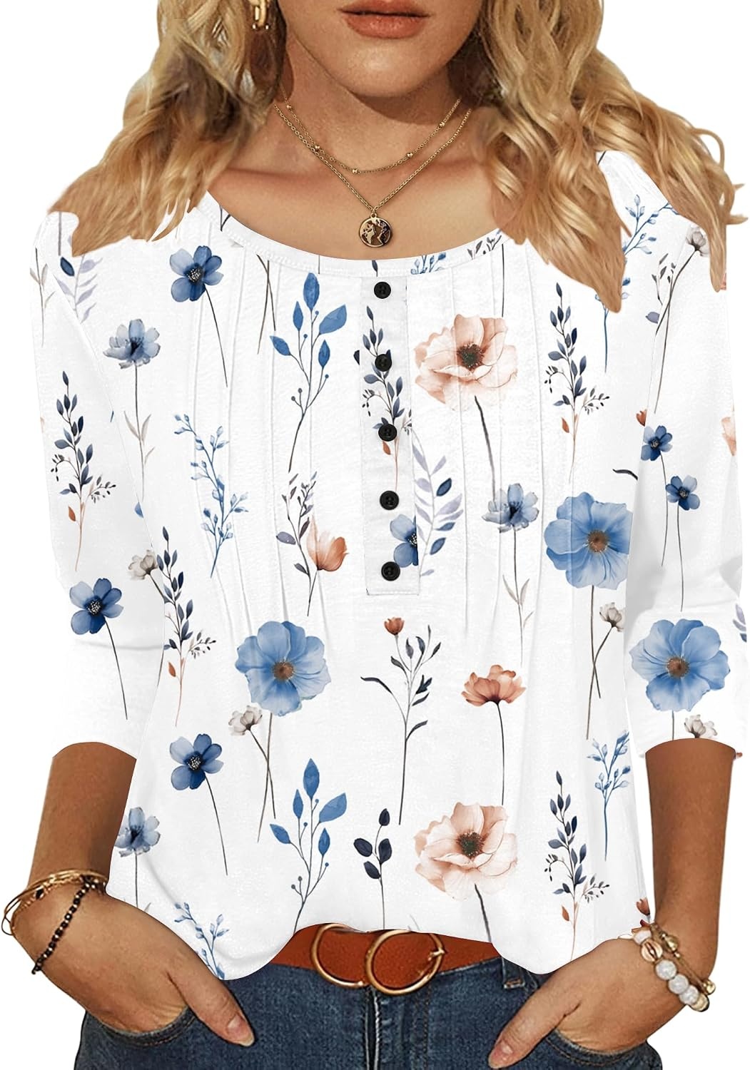 image:imageZeagoo 34 Length Sleeve Womens Tops Round Neck Casual Summer Tunic Tops Basic Tees Blouses Dressy TShirts Pleated ShirtsAwhite